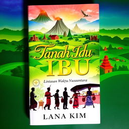 A captivating book cover for a novel titled 'Tanah Ibu: Lintasan Waktu Nusantara', written by 'Lana Kim', which explores the rich history of Indonesia