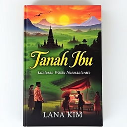 A captivating book cover for a novel titled 'Tanah Ibu: Lintasan Waktu Nusantara', written by 'Lana Kim', which explores the rich history of Indonesia