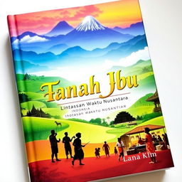 A captivating book cover for a novel titled 'Tanah Ibu: Lintasan Waktu Nusantara', written by 'Lana Kim', which explores the rich history of Indonesia