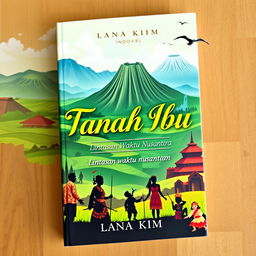 A captivating book cover for a novel titled 'Tanah Ibu: Lintasan Waktu Nusantara', written by 'Lana Kim', which explores the rich history of Indonesia