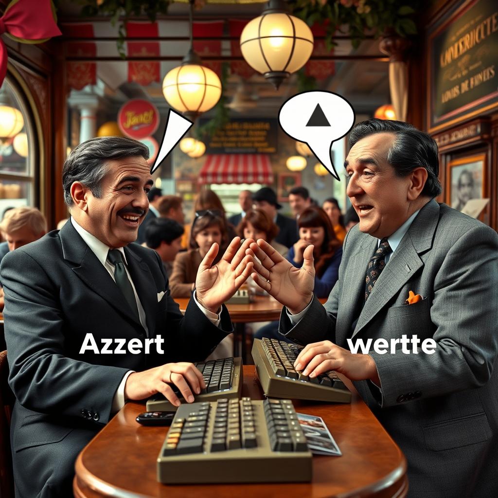 A cinematic scene depicting a comedic rivalry between two keyboard layouts, Azert and Qwerty