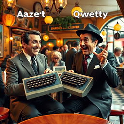 A cinematic scene depicting a comedic rivalry between two keyboard layouts, Azert and Qwerty