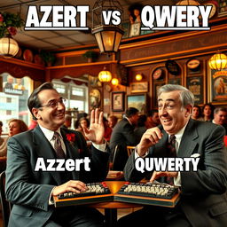 A cinematic scene depicting a comedic rivalry between two keyboard layouts, Azert and Qwerty