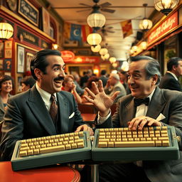 A cinematic scene depicting a comedic rivalry between two keyboard layouts, Azert and Qwerty