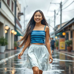 An 18-year-old Asian girl with long flowing hair walks joyfully in the rain, her bright smile radiating happiness