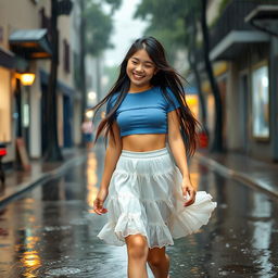 An 18-year-old Asian girl with long flowing hair walks joyfully in the rain, her bright smile radiating happiness