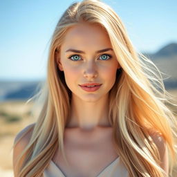 A beautiful and natural young woman with long, flowing blonde hair that catches the light