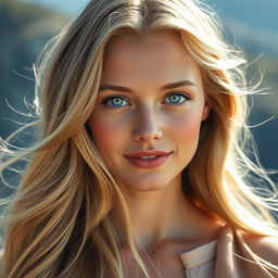 A beautiful and natural young woman with long, flowing blonde hair that catches the light