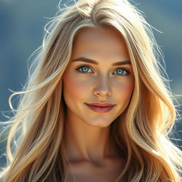 A beautiful and natural young woman with long, flowing blonde hair that catches the light