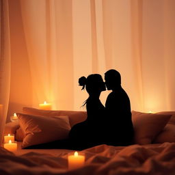 A romantic scene depicting a cozy, intimate setting with soft lighting