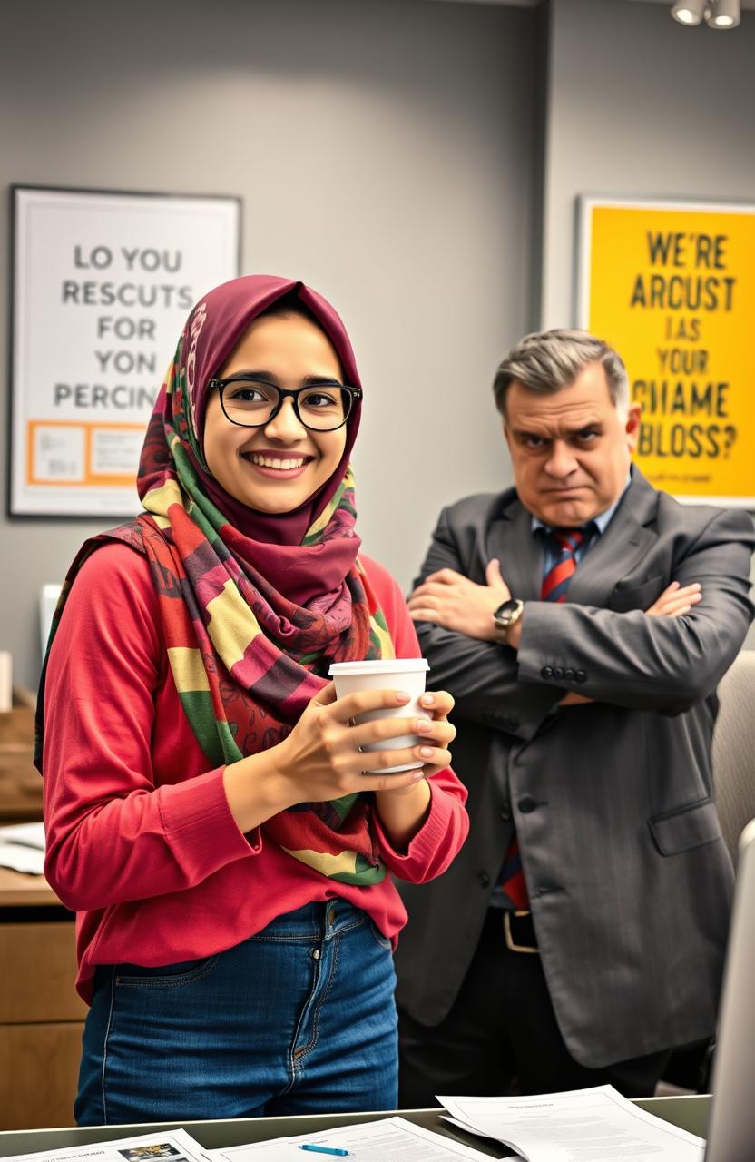 A cheerful young woman wearing a colorful hijab, with a bright and friendly smile, facing a grumpy male boss with a skeptical expression