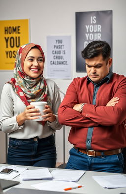 A cheerful young woman wearing a colorful hijab, with a bright and friendly smile, facing a grumpy male boss with a skeptical expression