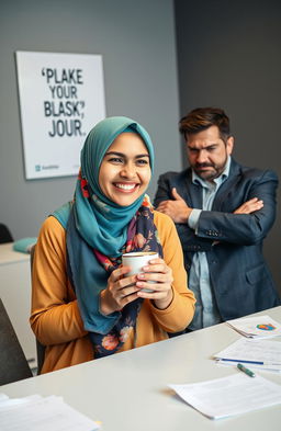 A cheerful young woman wearing a colorful hijab, with a bright and friendly smile, facing a grumpy male boss with a skeptical expression