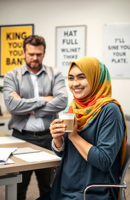 A cheerful young woman wearing a colorful hijab, with a bright and friendly smile, facing a grumpy male boss with a skeptical expression