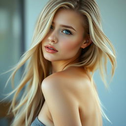 A beautiful and natural young woman with long, flowing blonde hair that gracefully cascades down her back