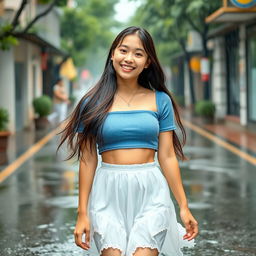 A 22-year-old Asian girl with long flowing hair walks cheerfully in the rain, a bright smile on her face that conveys happiness and confidence