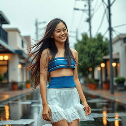 A 22-year-old Asian girl with long, flowing hair walks cheerfully in the rain, her bright smile showcasing her happiness and confidence