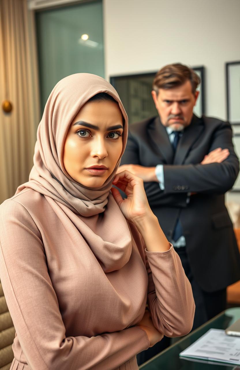 A beautiful hijab-clad woman looking stressed and overwhelmed, facing a judgmental male boss with a skeptical expression