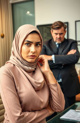 A beautiful hijab-clad woman looking stressed and overwhelmed, facing a judgmental male boss with a skeptical expression