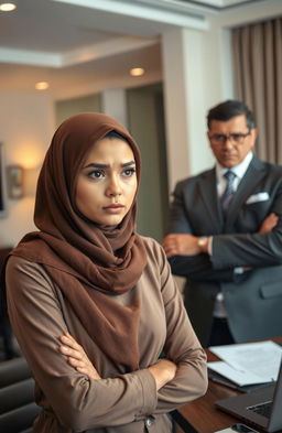 A beautiful hijab-clad woman looking stressed and overwhelmed, facing a judgmental male boss with a skeptical expression