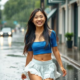 A 22-year-old Asian girl with long, flowing hair walks cheerfully in the rain, her bright smile showcasing her happiness and confidence