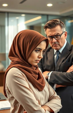 A beautiful hijab-clad woman looking stressed and overwhelmed, facing a judgmental male boss with a skeptical expression