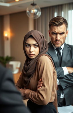 A beautiful hijab-clad woman looking stressed and overwhelmed, facing a judgmental male boss with a skeptical expression