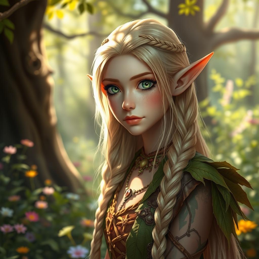 A mystical forest setting featuring a green-eyed elf with long, braided blond hair