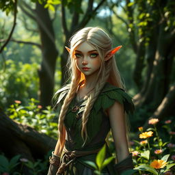 A mystical forest setting featuring a green-eyed elf with long, braided blond hair