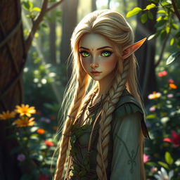 A mystical forest setting featuring a green-eyed elf with long, braided blond hair