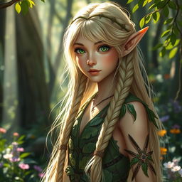 A mystical forest setting featuring a green-eyed elf with long, braided blond hair