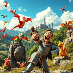 A vibrant and comedic film scene featuring dragons in a fantasy landscape, with Louis de Funès as a quirky, energetic knight trying to tame or interact with the dragons