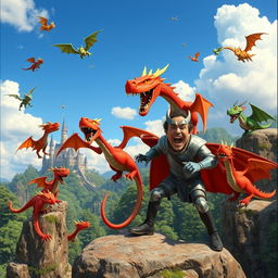 A vibrant and comedic film scene featuring dragons in a fantasy landscape, with Louis de Funès as a quirky, energetic knight trying to tame or interact with the dragons