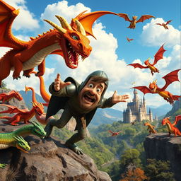 A vibrant and comedic film scene featuring dragons in a fantasy landscape, with Louis de Funès as a quirky, energetic knight trying to tame or interact with the dragons