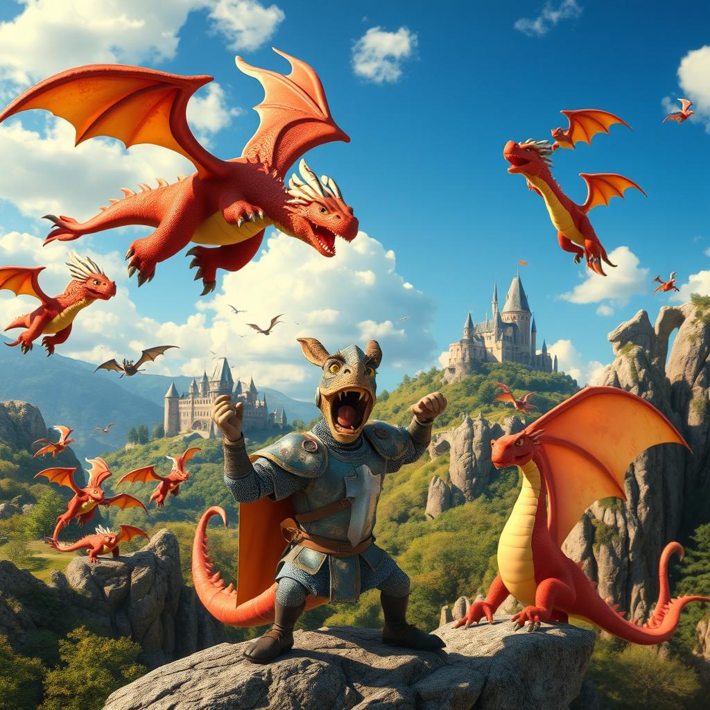 A vibrant and comedic film scene featuring dragons in a fantasy landscape, with Louis de Funès as a quirky, energetic knight trying to tame or interact with the dragons