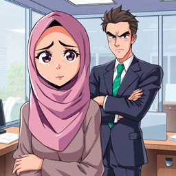 An anime-style illustration of a beautiful hijab-clad woman looking stressed and overwhelmed, facing a judgmental male boss with a skeptical expression