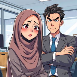 An anime-style illustration of a beautiful hijab-clad woman looking stressed and overwhelmed, facing a judgmental male boss with a skeptical expression