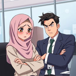 An anime-style illustration of a beautiful hijab-clad woman looking stressed and overwhelmed, facing a judgmental male boss with a skeptical expression