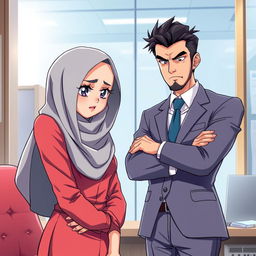 An anime-style illustration of a beautiful hijab-clad woman looking stressed and overwhelmed, facing a judgmental male boss with a skeptical expression