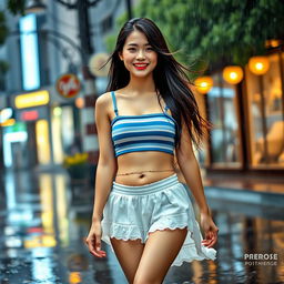 A 22-year-old Asian girl with long, flowing hair walks with a big smile in the rain, her expression filled with joy and self-assurance