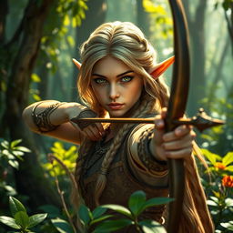 A mystical forest scene featuring a green-eyed elf archer with long, braided blond hair