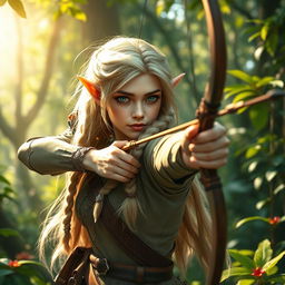 A mystical forest scene featuring a green-eyed elf archer with long, braided blond hair