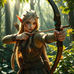 A mystical forest scene featuring a green-eyed elf archer with long, braided blond hair