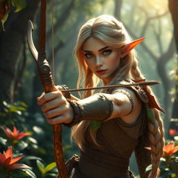 A mystical forest scene featuring a green-eyed elf archer with long, braided blond hair