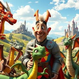 A whimsical and comedic film scene featuring the legendary French actor Louis de Funès in a fantasy world filled with dragons