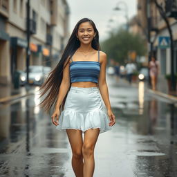 A 28-year-old Asian girl with long, flowing hair walks joyfully in the rain, her bright smile reflecting her happiness and confidence