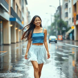 A 28-year-old Asian girl with long, flowing hair walks joyfully in the rain, her bright smile reflecting her happiness and confidence