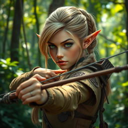 A mystical forest scene featuring a green-eyed elf archer with a braided ponytail of blond hair, complemented by an undercut hairstyle