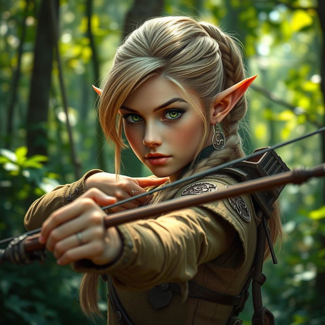 A mystical forest scene featuring a green-eyed elf archer with a braided ponytail of blond hair, complemented by an undercut hairstyle