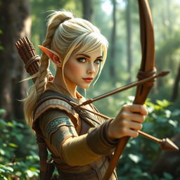 A mystical forest scene featuring a green-eyed elf archer with a braided ponytail of blond hair, complemented by an undercut hairstyle